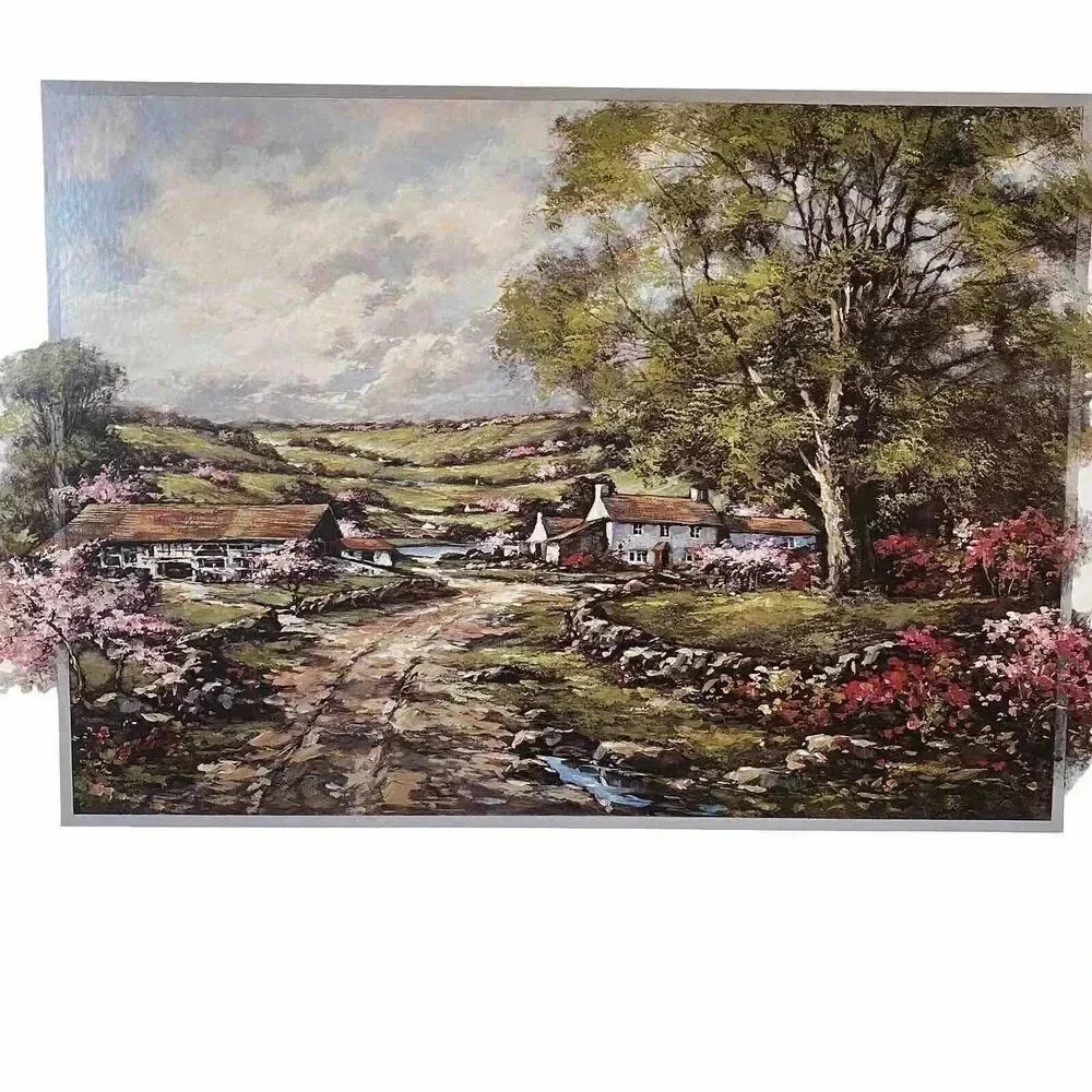 Art Painting Printed On The Board Field House Cottagecore Farm Barn Hill 20”x16”